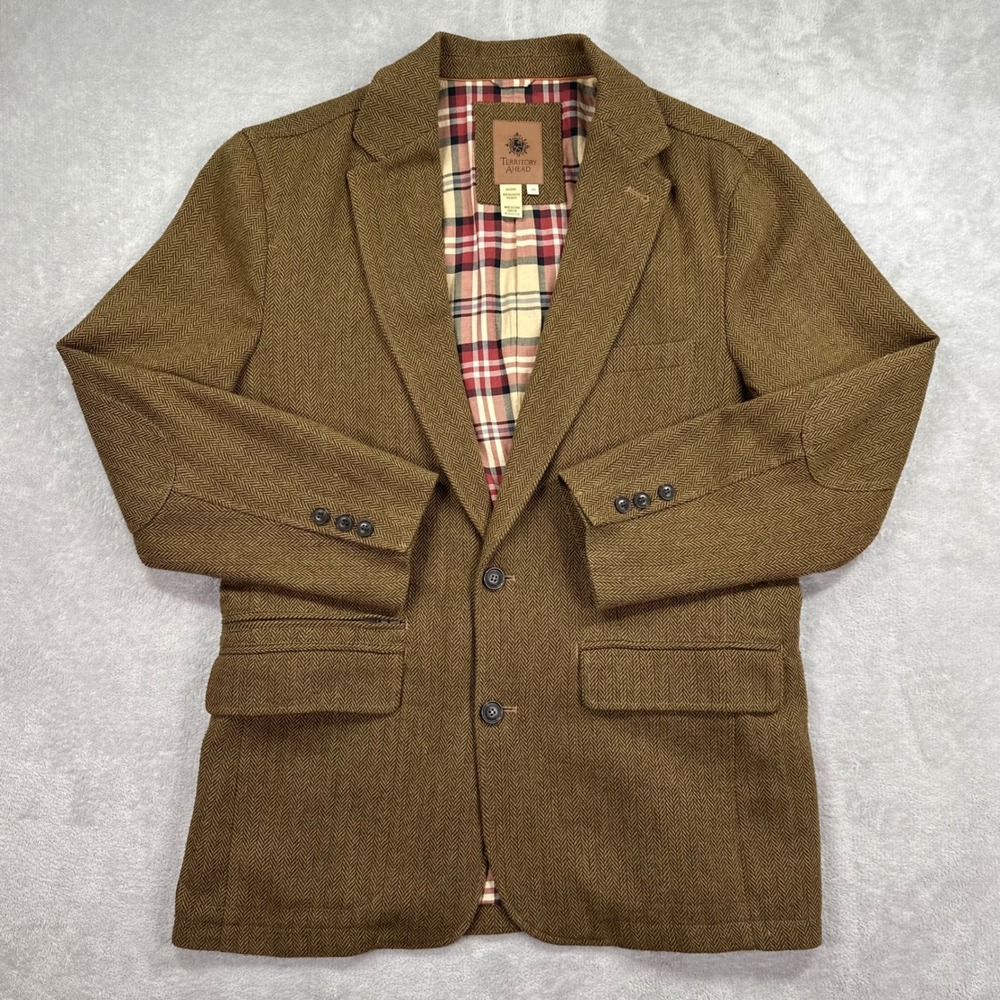 Territory Ahead Blazer Mens Medium Brown Herringbone Wool Blend Elbow Patches